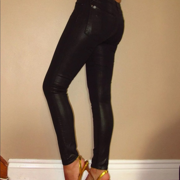 7 For All Mankind Skinny Low Rise Dark Green Coated Leather-look Jeans 24 25 new - Picture 5 of 9